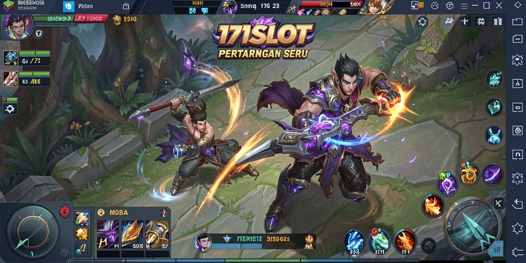 Screenshot game 171SLOT menampilkan aksi pertarungan seru dalam laga MOBA.