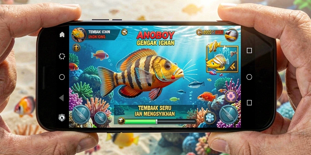 Gameplay ANOBOY yang seru saat menembak ikan di lautan.