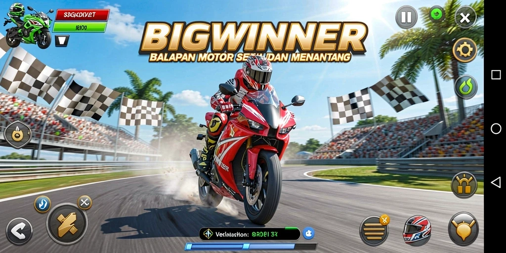 Gameplay mendebarkan dari BIGWINNER dengan balapan motor yang intens.