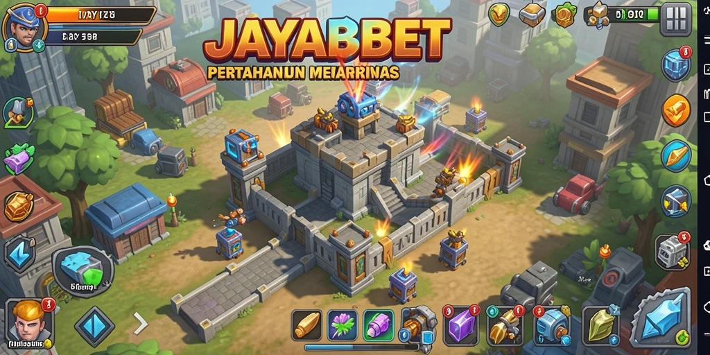Screenshot gameplay JAYABET menunjukkan aksi menara melawan gelombang musuh.