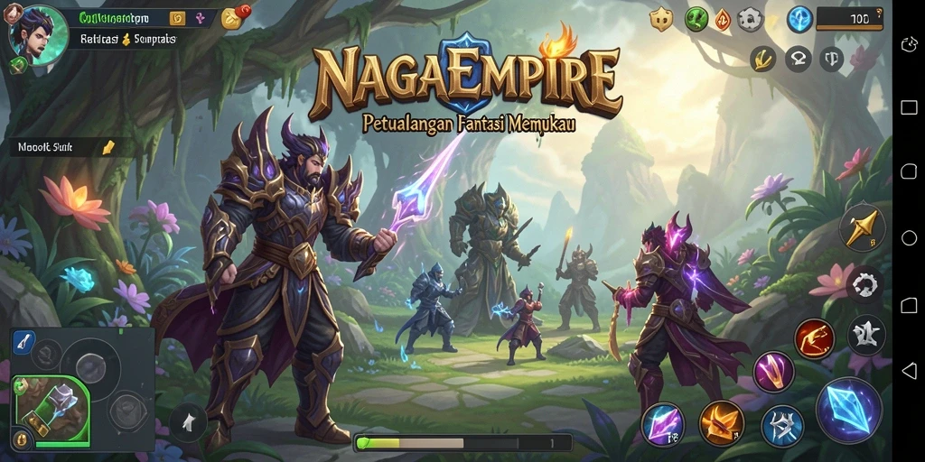 Screenshot gameplay NAGAEMPIRE menampilkan pertarungan mendebarkan di dunia fantasi.