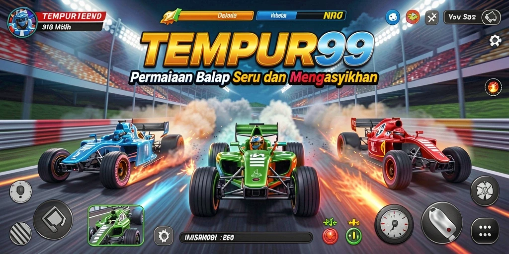 Tampilan gameplay menarik dari TEMPUR99 dengan kendaraan balap yang seru.
